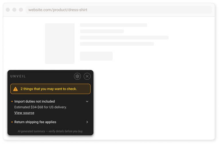 Unveil showing a flag card with return policy details on a shopping page