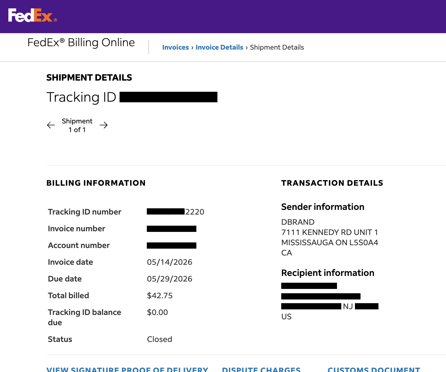 FedEx billing record for the same tracking number ending 2220: $42.75 billed, invoice dated May 14, 2026, sender dbrand in Mississauga, Canada (personal details redacted)